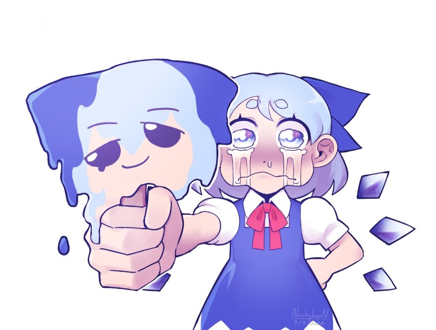 1girl blue_bow blue_dress blue_eyes blue_hair bow bowtie character-themed_food cirno cirno_day closed_mouth collared_shirt commentary crying crying_with_eyes_open dress english_commentary food fumo_(doll) hair_bow highres holding holding_food holding_popsicle ice ice_wings looking_at_viewer melting nnickykunn popsicle puffy_short_sleeves puffy_sleeves red_bow red_bowtie shirt short_hair short_sleeves simple_background solo streaming_tears tears thick_eyebrows touhou upper_body wavy_mouth white_background white_shirt wings