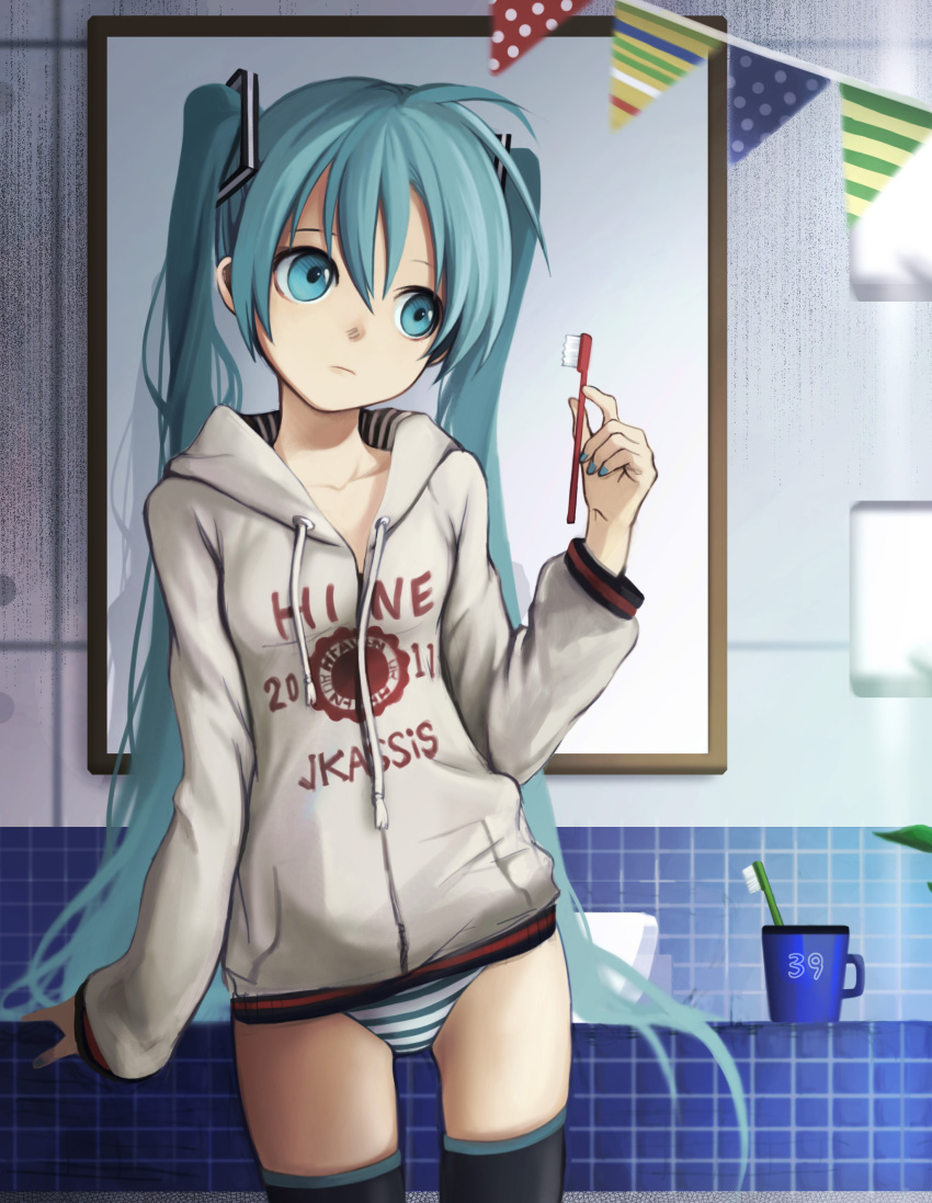 10s 1girl 39 2011 absurdres aqua_eyes aqua_hair female_focus hatsune_miku head_tilt highres hood hoodie kari_kenji long_hair no_pants panties solo striped_clothes striped_panties thighhighs toothbrush twintails underwear very_long_hair vocaloid