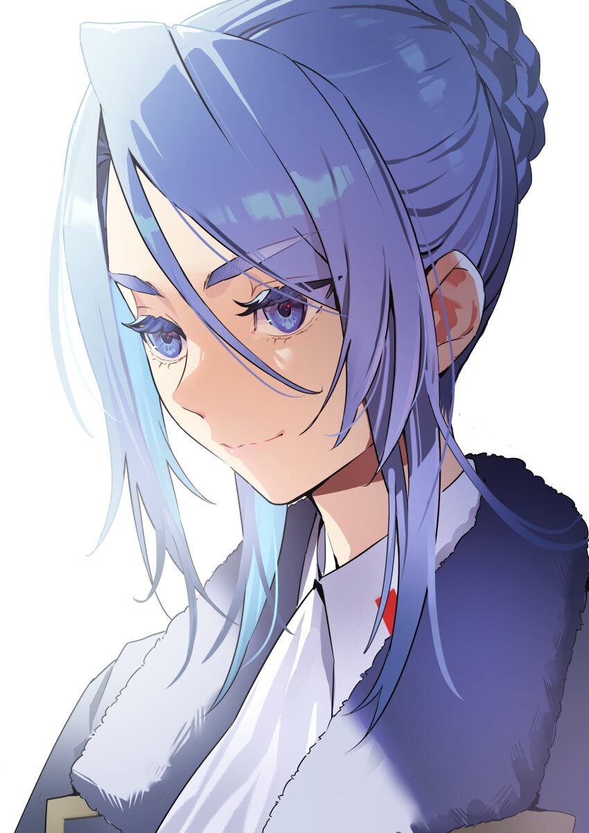 1girl absurdres aoi_momo blue_eyes blue_hair closed_mouth fur_collar hair_between_eyes hanamura_shiki heaven_burns_red highres long_hair portrait shirt sidelocks solo