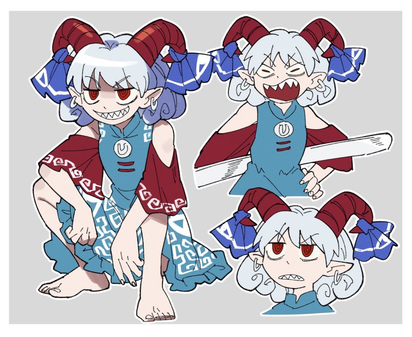 1girl barefoot blue_dress border curly_hair detached_sleeves dress earrings furukawa_(yomawari) grin highres horn_ornament horn_ribbon horns jewelry meandros multiple_boys open_mouth oversized_object patterned_clothing pointy_ears red_eyes red_horns red_sleeves ribbon sharp_teeth sheep_horns smile squatting teeth toenails toes touhou toutetsu_yuuma utensil white_border white_hair