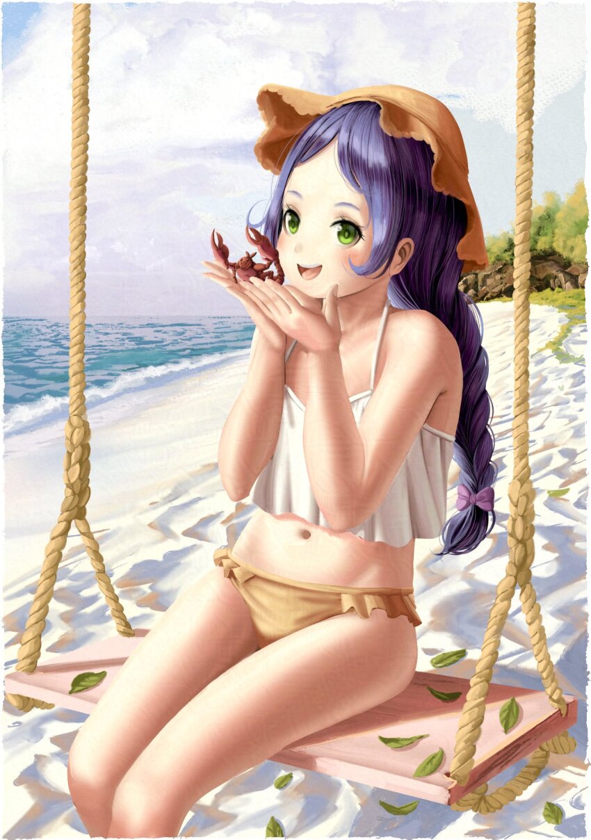 1girl beach blush braid braided_ponytail footprints green_eyes hair_ribbon hat highres leaf meili_portroute nunemino ocean ponytail purple_hair re:zero_kara_hajimeru_isekai_seikatsu ribbon rope sand scorpion scorpion_tail sitting sitting_on_object smile sun_hat swimsuit swing tail tank_top tree water