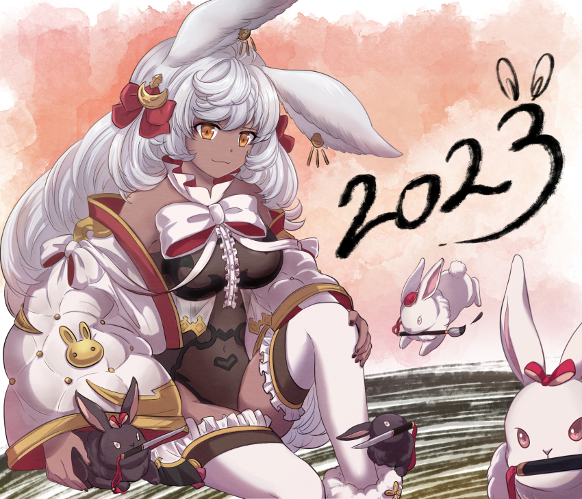 1girl 2023 animal_ears bare_shoulders boots bow center_frills collar covered_navel dark-skinned_female dark_skin earrings frilled_collar frilled_thighhighs frills fur-trimmed_boots fur_trim granblue_fantasy highres jacket jewelry leotard long_hair makura_(granblue_fantasy) off_shoulder orange_eyes rabbit rabbit_ears rabbit_girl rabbit_tail sakuds see-through see-through_leotard solo tail thighhighs very_long_hair white_hair