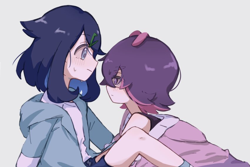 2girls black_hair black_shorts blue_eyes blush closed_mouth creatures_(company) dot_(pokemon) eyelashes game_freak hair_ornament hair_over_eyes hairclip highres jacket knees liko_(pokemon) multicolored_hair multiple_girls nintendo open_clothes pink_hair pokemon pokemon_(anime) pokemon_horizons purple_eyes purple_hair seiun_(hoshigumo_72) shirt short_hair shorts sweatdrop tank_top white_shirt