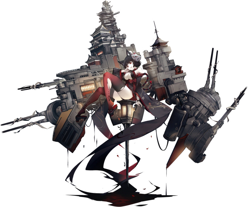 1girl animal_ears arm_support armpit_crease ass azur_lane bare_shoulders black_hair bracelet breasts castle cat_ears cleavage cleavage_cutout clothing_cutout detached_sleeves evil_grin evil_smile from_side geta grin head_tilt highres japanese_clothes jewelry kimono lamppost large_breasts machinery mask mask_on_head mkiiiiii nail_polish official_art parted_lips print_kimono print_legwear red_eyes red_thighhighs rigging ship_turret short_hair sitting smile thighhighs thighs torn_clothes torn_legwear transparent_background wide_sleeves yamashiro_(meta)_(azur_lane)