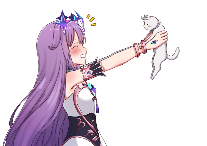 1girl animal blush cat chest_jewel closed_eyes closed_mouth dress hair_flaps hand_jewel highres holding holding_animal holding_cat hololive hololive_english john_cat_(koseki_bijou) koseki_bijou koseki_bijou_(1st_costume) long_hair purple_hair ragdoll_(cat) sharkudon sidelocks solo very_long_hair virtual_youtuber white_background white_dress