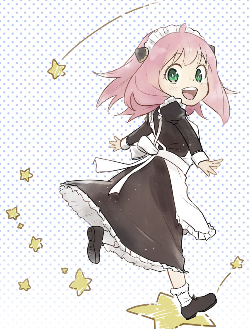 1girl alternate_costume anya_(spy_x_family) apron black_dress black_footwear child dress enmaided full_body green_eyes hairpods highres maid maid_apron maid_headdress open_mouth pink_hair running solo spy_x_family star_(symbol) white_apron yuuki_(qgbugtbhbxn5ts9)