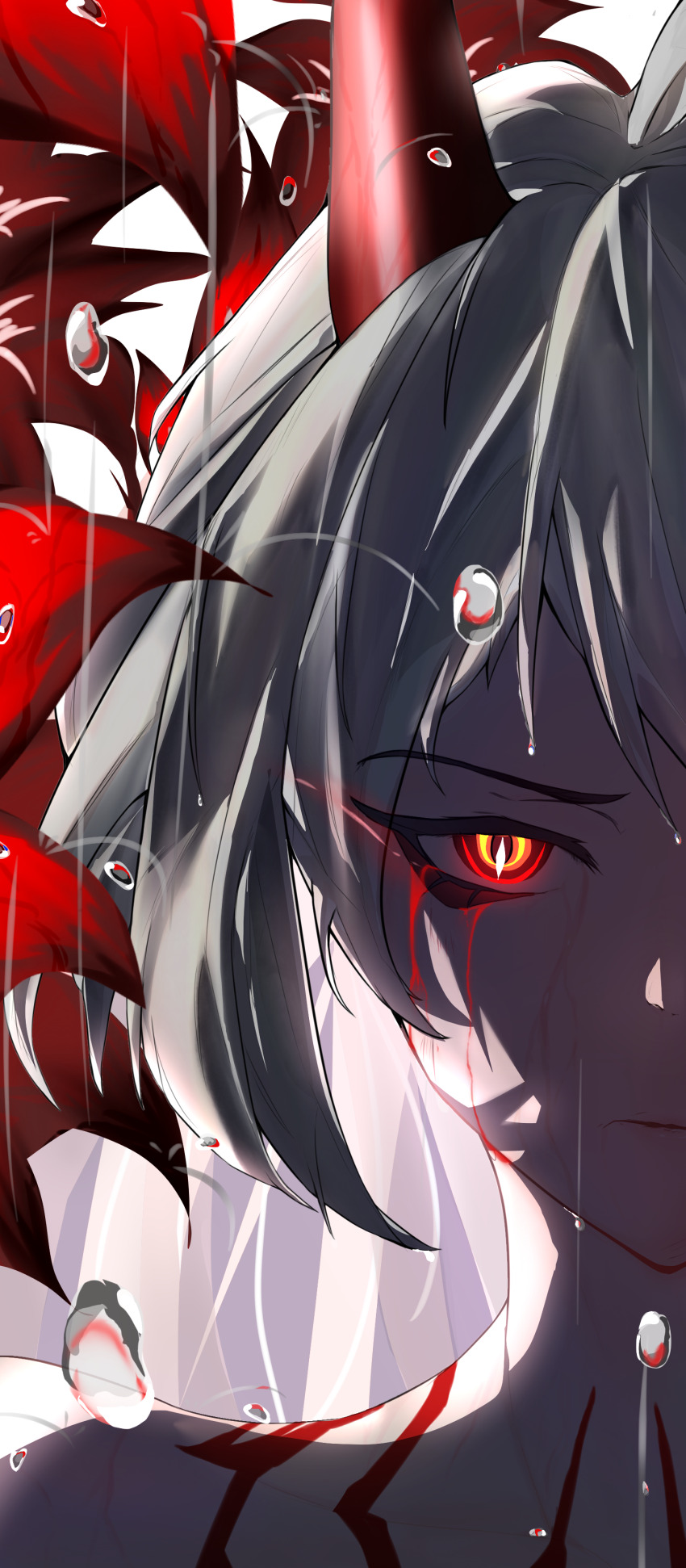 1girl absurdres acheron_(honkai:_star_rail) acheron_(izumo)_(honkai:_star_rail) alyome blood bloody_tears body_markings closed_mouth commentary flower highres honkai:_star_rail honkai_(series) horns limited_palette long_hair looking_at_viewer official_alternate_color portrait rain red_eyes red_flower red_horns serious solo water_drop wet white_hair