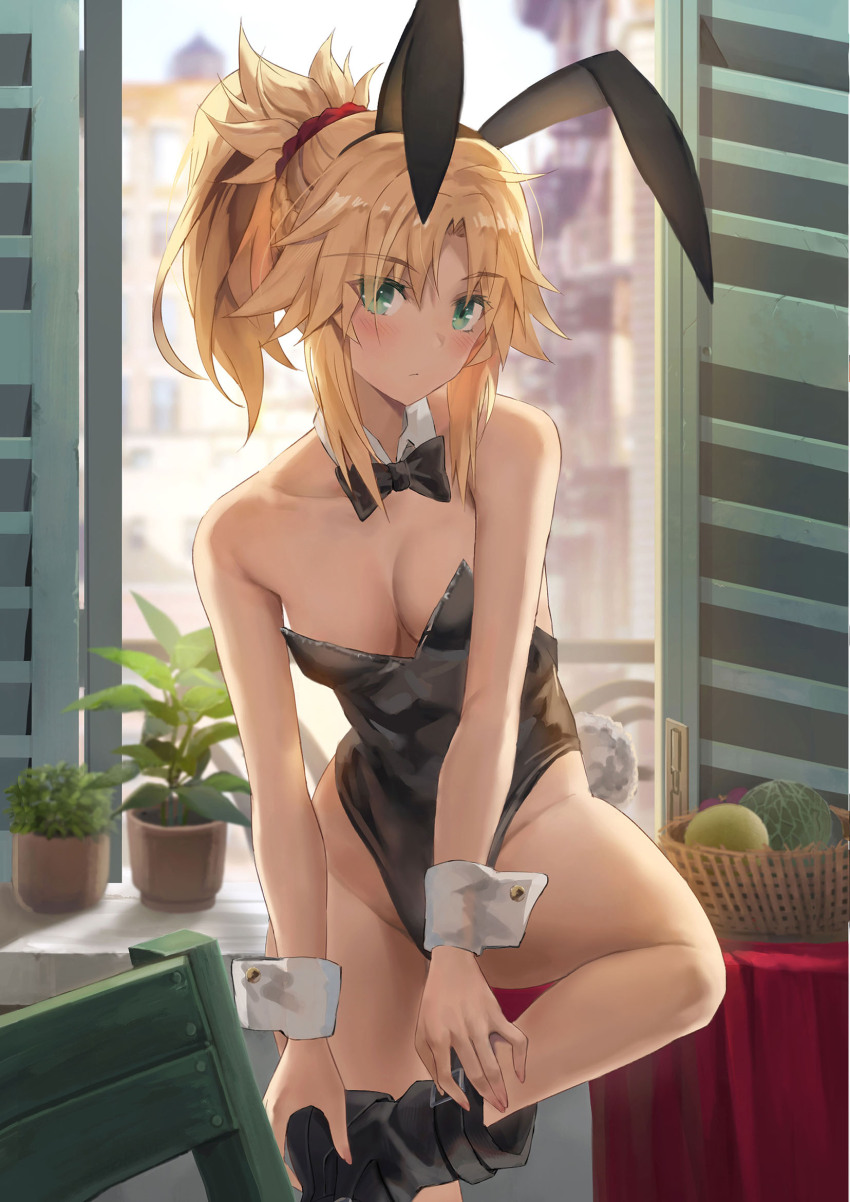 1girl animal_ears backlighting black_leotard blonde_hair boots breasts building detached_collar fake_animal_ears fate/grand_order fate_(series) green_eyes highleg highleg_leotard highres leotard looking_at_viewer medium_breasts medium_hair mordred_(fate) plant playboy_bunny ponytail rabbit_ears sidelocks sitting solo tonee window wrist_cuffs