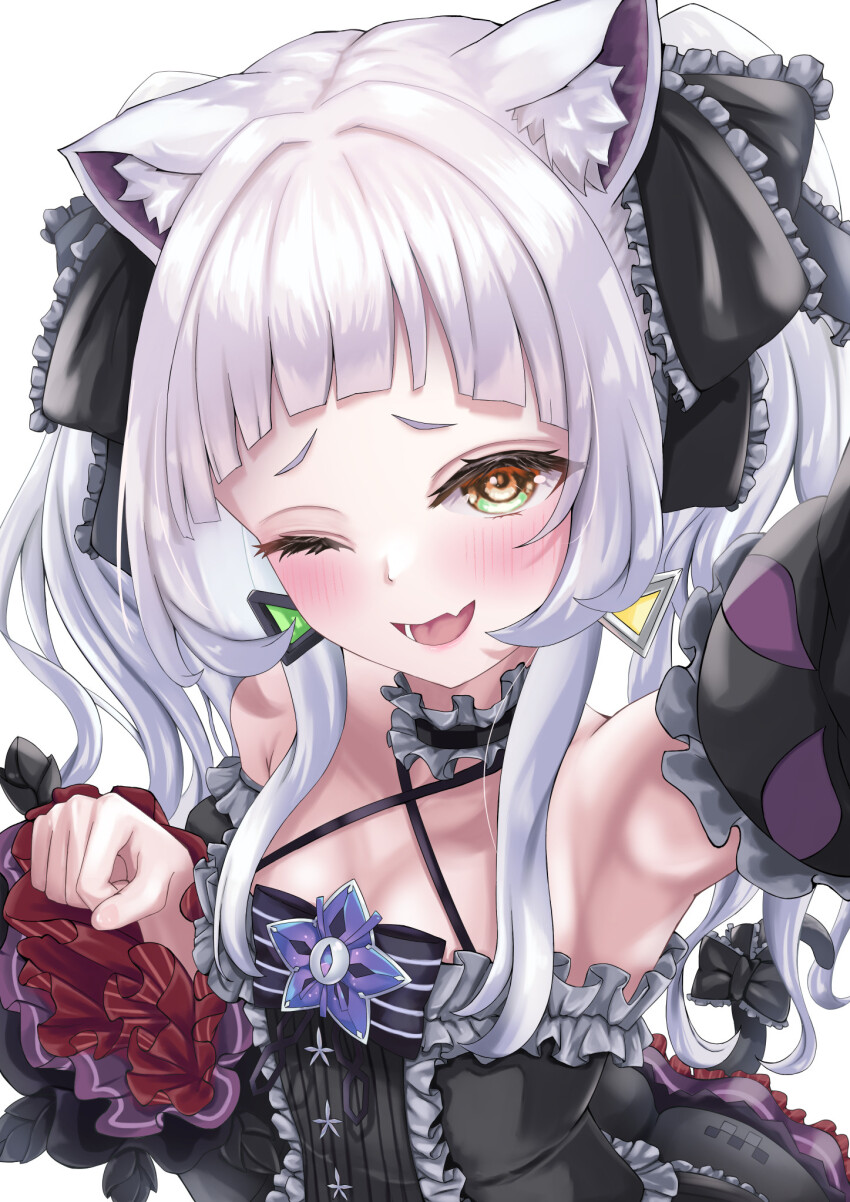 1girl animal_ears black_dress bow cat_ears dress highres hololive looking_at_viewer meowing mitsu_3_33 murasaki_shion murasaki_shion_(gothic_lolita) neck_ribbon one_eye_closed open_mouth ribbon sleeveless sleeveless_dress smile solo virtual_youtuber white_background white_hair