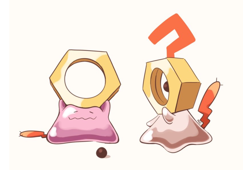 ? artsy-rc commentary creatures_(company) ditto english_commentary game_freak gen_1_pokemon gen_7_pokemon highres meltan mythical_pokemon nintendo no_humans pokemon pokemon_(creature) signature simple_background wavy_mouth white_background