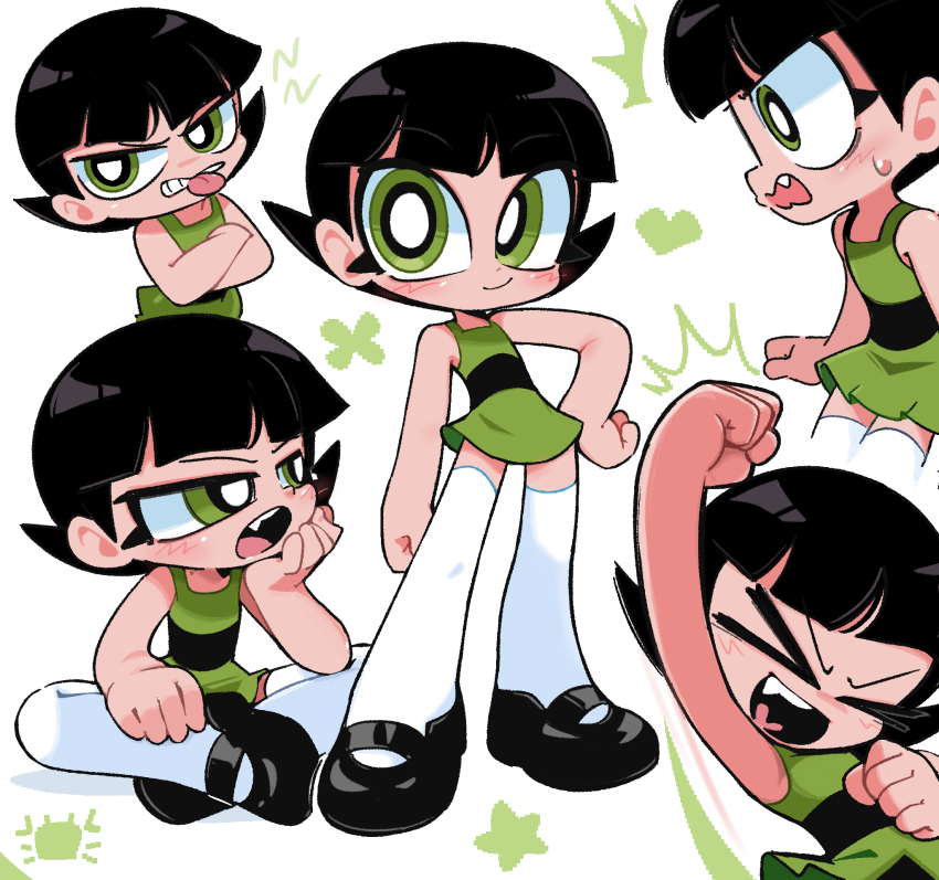 &gt;_&lt; 1girl biting_tongue black_footwear black_hair black_stripes blush bright_pupils buttercup_(ppg) cartoon_network clenched_teeth crossed_arms dress elbow_rest fang green_dress green_eyes hand_on_own_cheek hand_on_own_chin hand_on_own_face hand_on_own_hip heart highres kim_crab looking_at_viewer lotus_position mary_janes multiple_views powerpuff_girls punching shoes short_dress short_hair single_horizontal_stripe sitting sleeveless sleeveless_dress smile standing surprised sweatdrop teeth thighhighs tongue tongue_out uppercut v-shaped_eyebrows white_pupils white_thighhighs