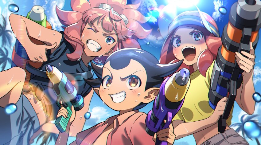 1girl 2boys black_hair black_shirt blue_shorts blue_sky dolustoy goggles goggles_on_head grey_pants hairband highres inazuma_eleven inazuma_eleven_(series) kogure_yuuya long_hair looking_at_viewer midriff multiple_boys navel one_eye_closed open_clothes open_mouth open_shirt palm_tree pants pink_hair pink_shirt shirt shorts sky sleeves_rolled_up tree tsunami_jousuke water water_gun wet zaizen_touko