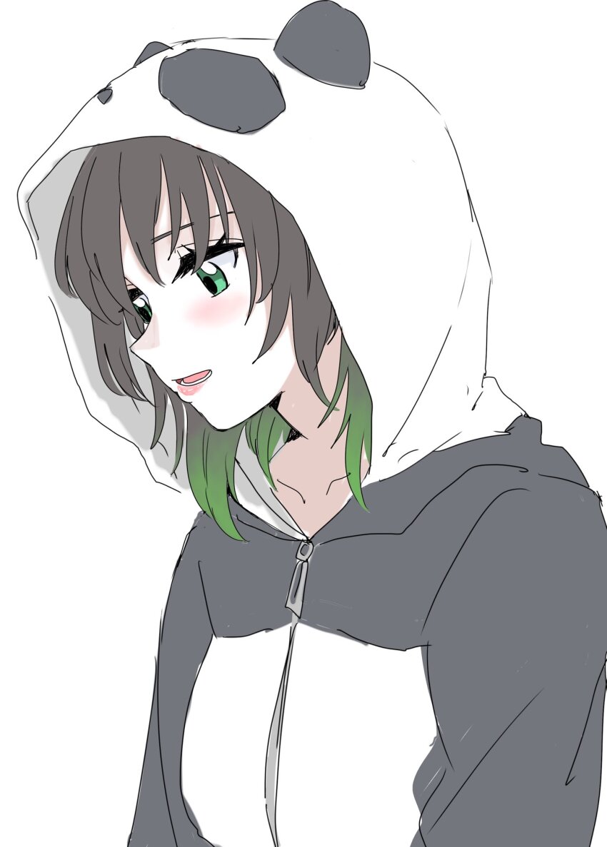 1girl animal_costume black_hair collarbone gradient_hair green_eyes green_hair hair_down highres hood hood_up love_live! love_live!_nijigasaki_high_school_idol_club lower_teeth_only majime_na_gakuinsei medium_hair multicolored_hair open_mouth panda_costume solo takasaki_yu teeth upper_body white_background zipper