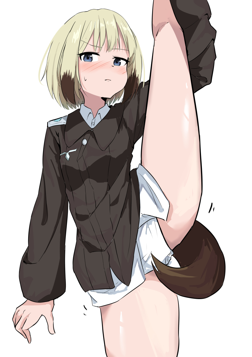 1girl 8sjqzhap4pupzkc absurdres blonde_hair erica_hartmann flexible highres holding_leg insignia leg_hold leg_lift leg_up looking_at_viewer military military_uniform no_pants short_hair simple_background solo split standing standing_on_one_leg standing_split strike_witches sweat tail white_background world_witches_series