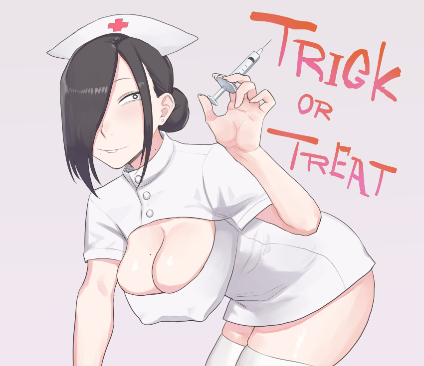 1girl absurdres all_fours black_hair breasts buck_teeth cleavage covered_erect_nipples english_text hair_over_one_eye halloween halloween_costume hat highres holding holding_syringe koma_neko large_breasts nurse nurse_cap original paid_reward_available samejima_yoruko short_hair simple_background syringe teeth thighhighs trick_or_treat white_background white_thighhighs