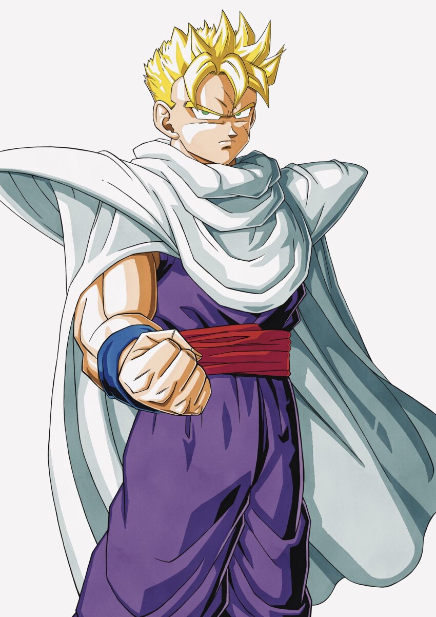 1boy amputee blonde_hair cape clenched_hand commentary_request cosplay dragon_ball dragonball_z frown green_eyes highres male_focus muscular muscular_male piccolo piccolo_(cosplay) scar scar_across_eye serious shoulder_pads solo son_gohan son_gohan_(future) super_saiyan super_saiyan_1 susumu_(rei-h-0701) white_cape