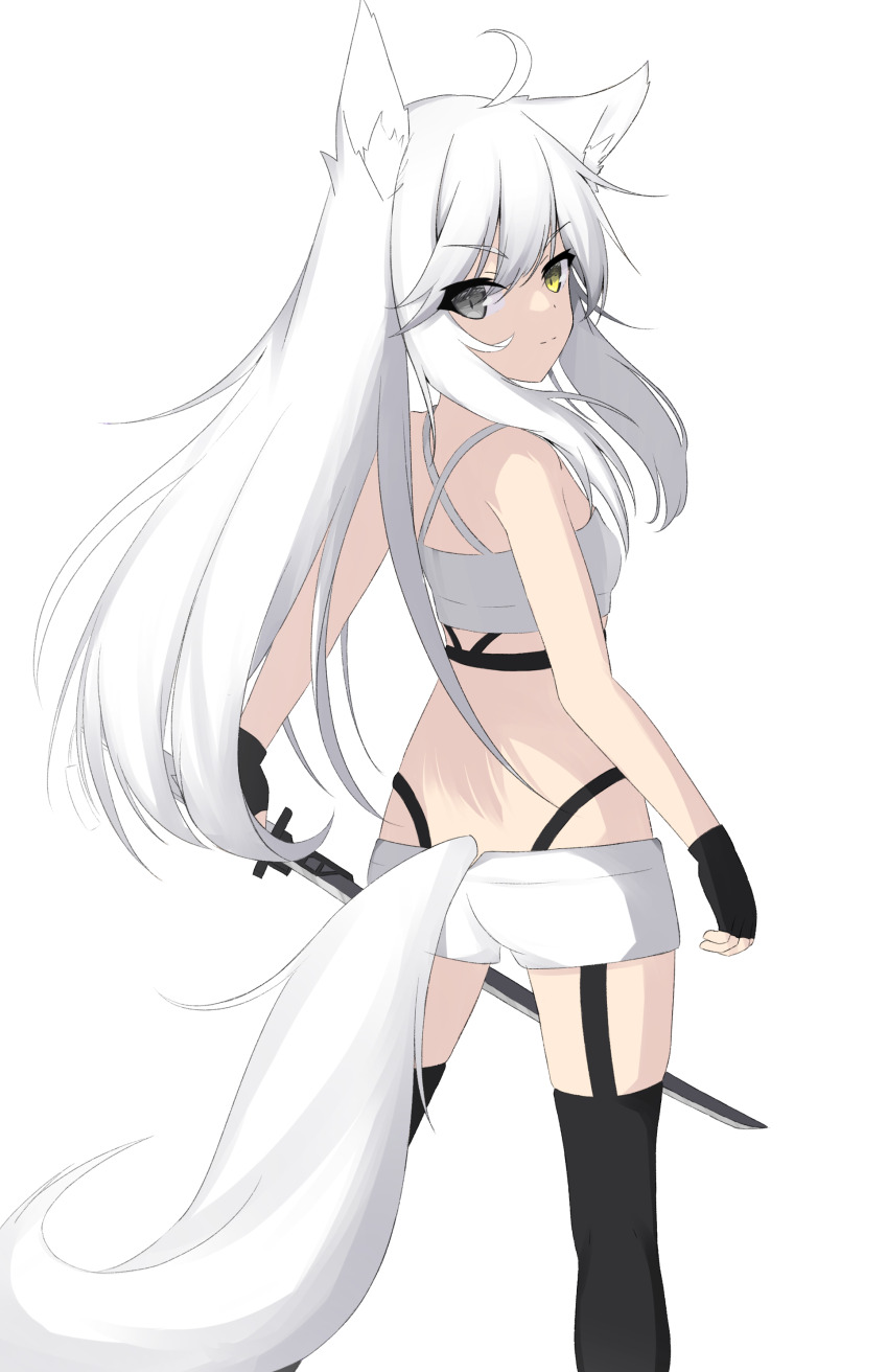 1girl absurdres ahoge animal_ear_fluff animal_ears ass bare_shoulders black_gloves black_panties black_thighhighs breasts closed_mouth commentary_request fingerless_gloves fox_ears fox_girl fox_tail from_behind full_body garter_straps gloves grey_eyes heterochromia highleg highleg_panties highres holding holding_sword holding_weapon katana kuronagi_(mitora_uwu) looking_at_viewer looking_back original panties short_shorts shorts simple_background small_breasts solo sword tail thighhighs underwear weapon white_background white_hair white_shorts yellow_eyes