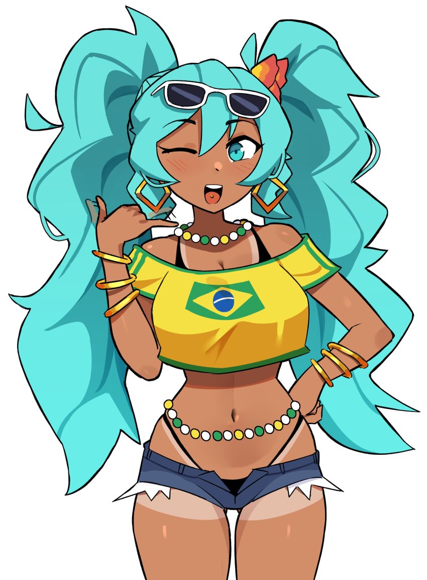 1girl absurdres alternate_breast_size aqua_eyes aqua_hair bangle bare_shoulders bead_necklace beads bikini bikini_under_clothes bracelet brazilian_flag brazilian_flag_print brazilian_miku breasts cleavage cowboy_shot crop_top dark-skinned_female dark_skin earrings exposed_pocket eyewear_on_head flag_print hair_between_eyes hand_on_own_hip hatsune_miku highleg highleg_bikini highres jewelry large_breasts long_hair looking_at_viewer micro_shorts midriff navel necklace off-shoulder_shirt off_shoulder one_eye_closed open_fly open_mouth peps_art shirt short_sleeves shorts simple_background smile solo sunglasses swimsuit tan tanline twintails very_long_hair vocaloid white_background