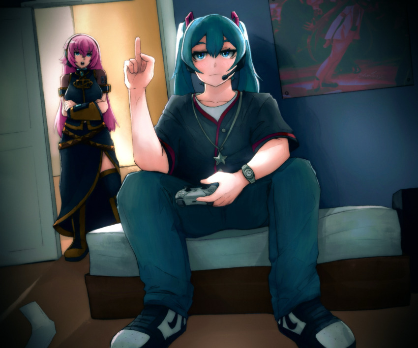 2girls absurdres aqua_eyes aqua_hair baseball_jersey bedroom black_shirt blue_dress blue_eyes blue_pants boots controller crossed_arms dress game_controller grand_theft_auto grand_theft_auto_v hatsune_miku headset highres holding holding_controller holding_game_controller indoors jersey jewelry kanpaithighs long_hair megurine_luka megurine_luka_(sp) middle_finger multiple_girls necklace open_door pants parody photo-referenced pink_hair poster_(object) shirt shoes sneakers star_(symbol) star_necklace thigh_boots twintails vocaloid watch wrist_guards wristwatch