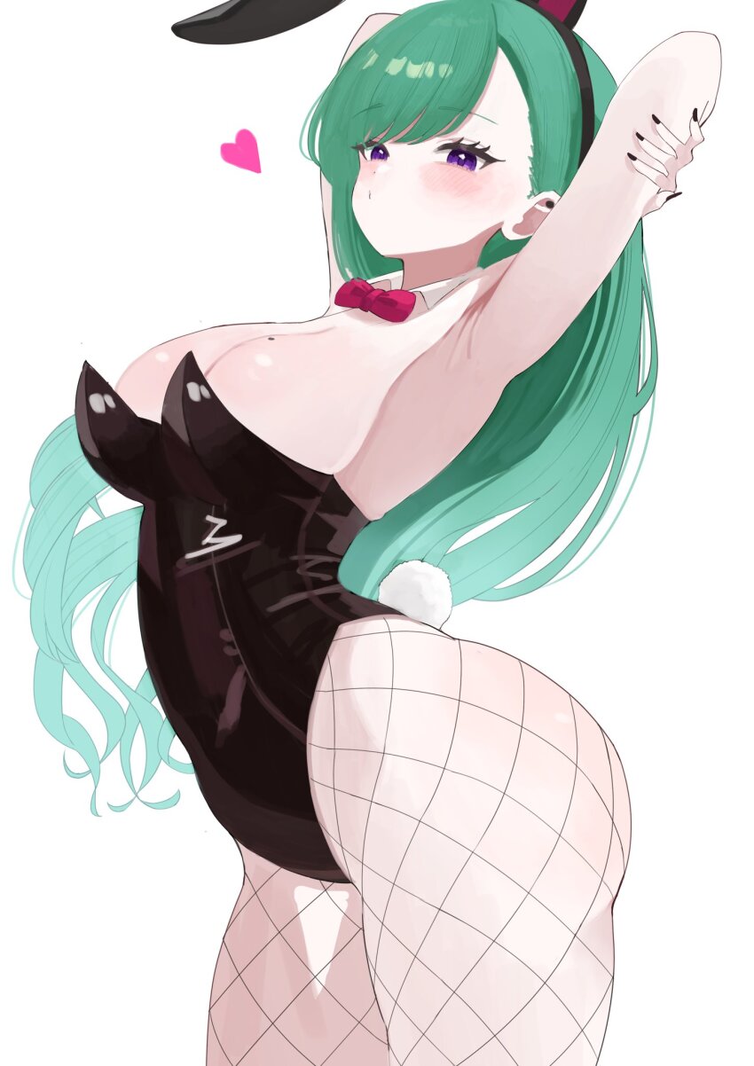 1girl :o animal_ears arched_back arms_behind_head ass black_leotard black_nails blowing_kiss blush bow bowtie breasts covered_navel detached_collar fake_animal_ears fake_tail fishnet_pantyhose fishnets from_side green_hair hair_behind_ear hand_on_own_arm heart highleg highleg_leotard highres large_breasts leotard long_hair looking_at_viewer mole mole_on_breast pantyhose playboy_bunny purple_eyes rabbit_ears rabbit_tail red_bow red_bowtie simple_background solo strapless strapless_leotard swept_bangs tail thick_thighs thighs traditional_bowtie very_long_hair virtual_youtuber vspo! white_background wing_collar yakumo_beni yofo