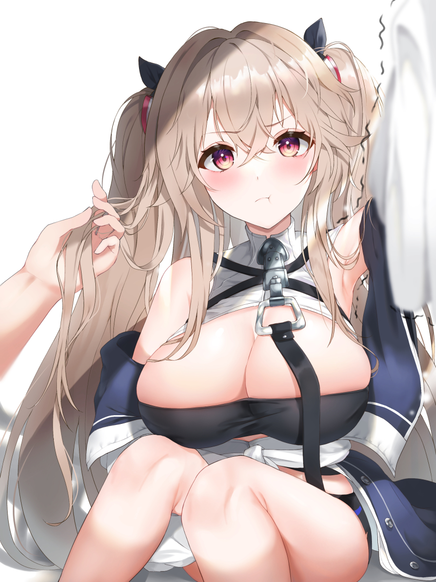 1boy 1girl absurdres anchorage_(azur_lane) arm_up armpits azur_lane bare_shoulders blush breasts cleavage closed_mouth crossed_bangs detached_sleeves futon_fly_away hair_between_eyes hair_ornament hand_in_own_hair highres large_breasts light_brown_hair long_hair long_sleeves looking_at_viewer pout purple_eyes sitting solo_focus twintails