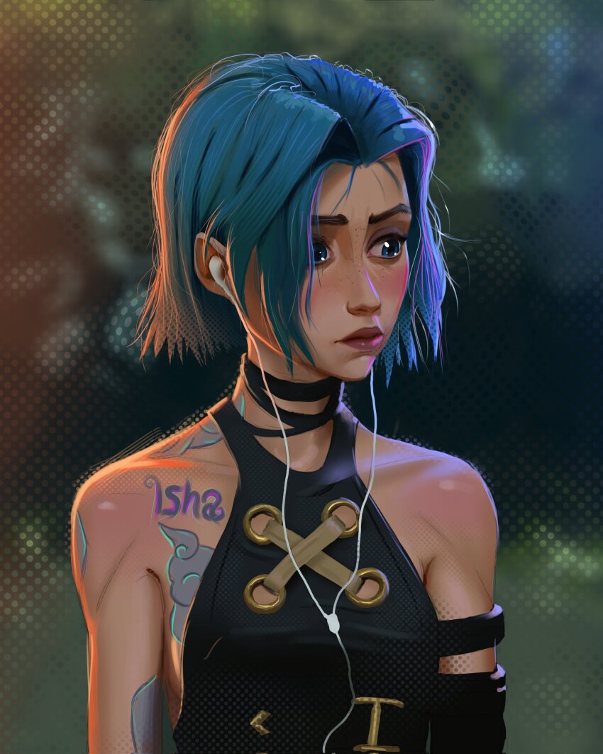 1girl arcane:_league_of_legends arcane_jinx arm_tattoo bare_shoulders black_choker black_shirt blue_eyes choker closed_mouth cloud_tattoo earphones green_hair highres jinx_(league_of_legends) josival league_of_legends looking_to_the_side multicolored_background official_alternate_hair_length official_alternate_hairstyle shirt short_hair solo tattoo upper_body