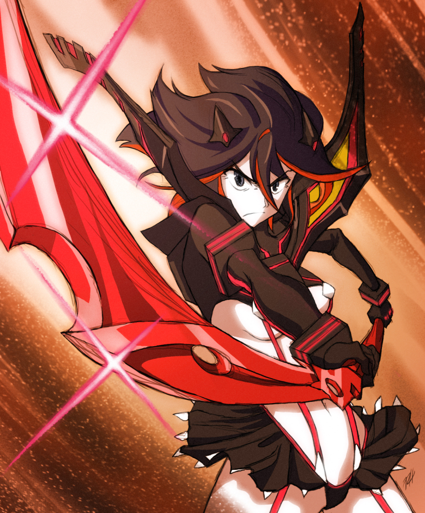 10s 1girl black_hair breasts female_focus foreshortening highres kill_la_kill matoi_ryuuko microskirt multicolored_hair navel ranh red_hair revealing_clothes scissor_blade_(kill_la_kill) senketsu short_hair skirt solo streaked_hair suspenders two-tone_hair underboob weapon