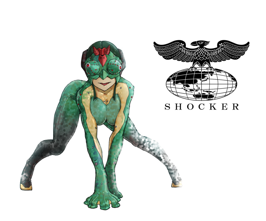 1girl all_fours bodysuit chameleon_girl commentary eidenjyou1997 english_commentary genderswap genderswap_(mtf) green_hair highres kamen_rider kamen_rider_(1st_series) logo mask monster_girl open_mouth shinigami_chameleon shocker_(kamen_rider) sidelocks simple_background solo webbed_hands white_background