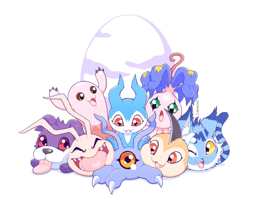 bowmon cat chibimon digimon digimon_(creature) highres horns koromon kuramon mochimon petals pyocomon tail tunomon wanyamon