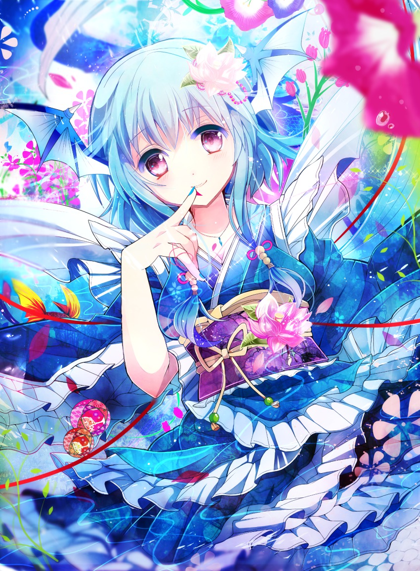 1girl animal_ears bad_id bad_pixiv_id belt blue_hair blush dress female_focus finger_to_mouth fins flower fumiko_(miruyuana) head_fins head_wings highres japanese_clothes kimono looking_at_viewer lotus mermaid monster_girl obi ribbon rose sash short_hair smile solo touhou traditional_clothes underwater wakasagihime water white_flower white_rose wings