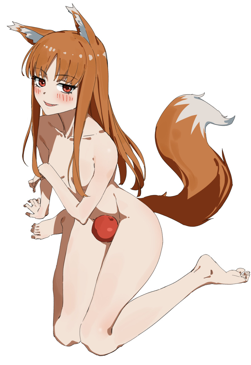 1girl absurdres animal_ear_fluff animal_ears apple breasts brown_hair collarbone completely_nude eyelashes fang food fruit hair_over_breasts hair_over_one_breast highres holo long_hair looking_at_viewer nude open_mouth parted_bangs red_eyes simple_background sitting small_breasts smile solo spice_and_wolf tail white_background wolf_ears wolf_girl wolf_tail zou_(pixiv16822216)