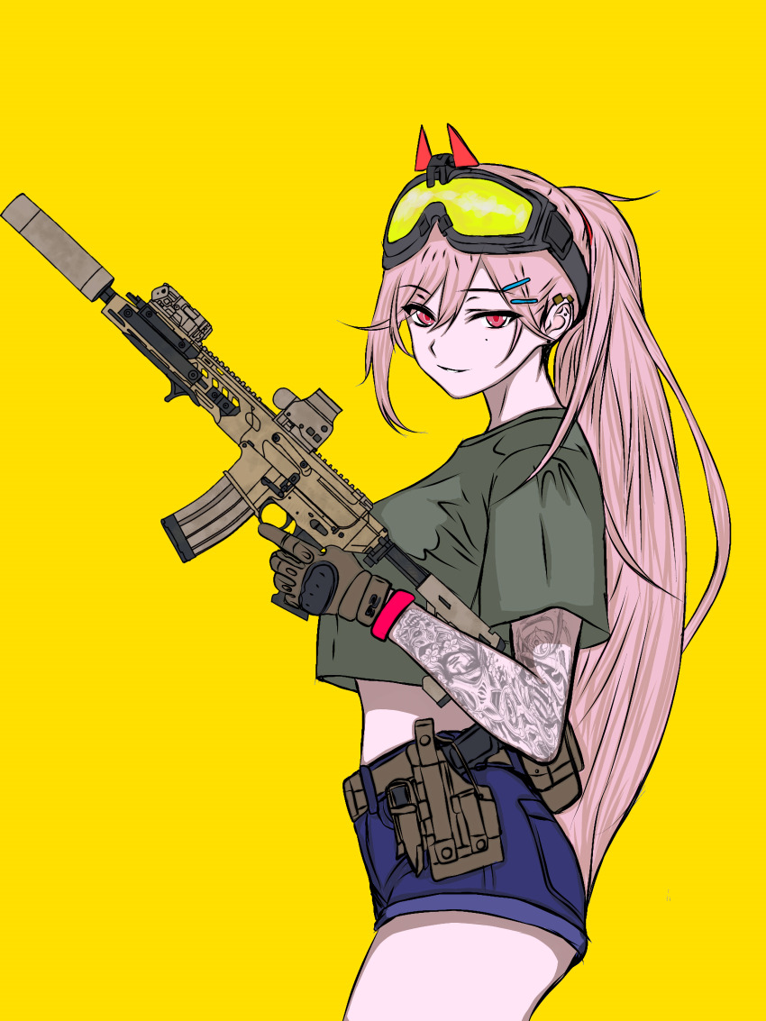 1girl absurdres arm_tattoo assault_rifle cimol95 cropped_shirt eyewear_on_head girls&#039;_frontline green_shirt gun highres military pink_eyes pink_hair ponytail rifle safety_glasses shirt sig_mcx sig_mcx_(girls&#039;_frontline) simple_background solo tattoo weapon yellow_background