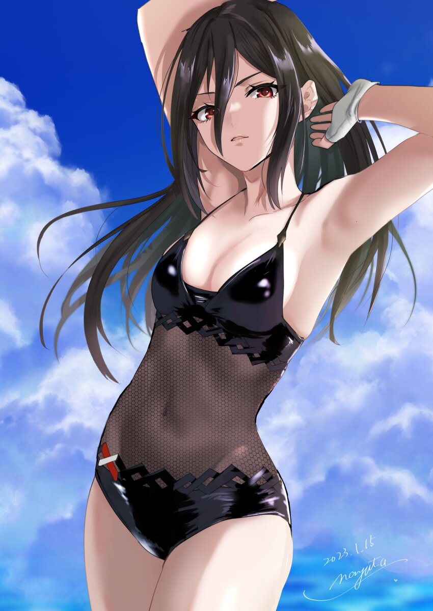 1girl armpits arms_behind_head black_hair black_one-piece_swimsuit blue_sky breasts cleavage cloud cloudy_sky covered_navel double-parted_bangs hair_between_eyes highres long_hair medium_breasts morag_ladair_(obligatory_leave)_(xenoblade) morag_ladair_(xenoblade) nayuta-kanata one-piece_swimsuit red_eyes sky solo standing stomach stomach_day swimsuit xenoblade_chronicles_(series) xenoblade_chronicles_2