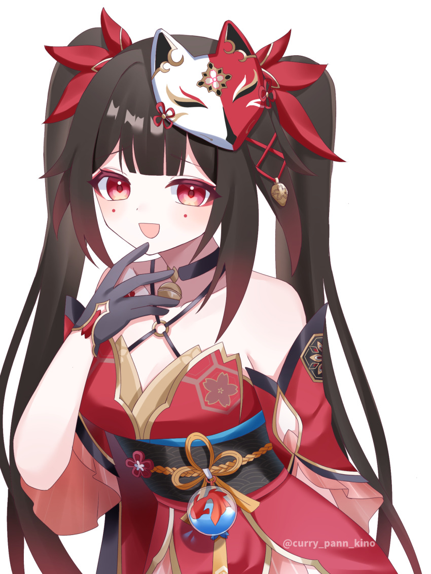 1girl :d bare_shoulders bell black_choker black_gloves black_sash brown_hair butterfly-shaped_pupils choker collarbone criss-cross_halter dress flower_tattoo fox_mask gloves halterneck highres honkai:_star_rail honkai_(series) kino_(curry_pan) long_hair mark_under_both_eyes mask mask_on_head neck_bell o-ring open_mouth red_dress red_eyes red_sleeves sash simple_background smile solo sparkle_(honkai:_star_rail) symbol-shaped_pupils tattoo twintails white_background