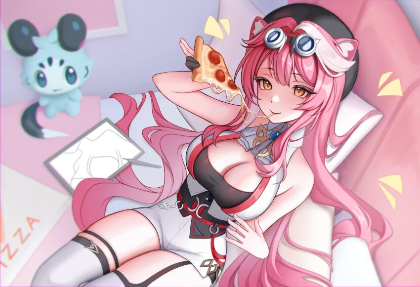 1girl animal_ears beret black_gloves black_hat black_undershirt breasts chattino_(raora_panthera) cheese cheese_trail cleavage couch fingerless_gloves food food_in_mouth gloves goggles goggles_on_head hair_intakes hashtag-only_commentary hat highres holding holding_food holding_pizza hololive hololive_english hoshimurii indoors long_hair looking_at_viewer medium_breasts multicolored_hair notice_lines on_couch panther_ears panther_girl panther_tail pepperoni pillow pink_hair pizza pizza_box pizza_slice raora_panthera raora_panthera_(1st_costume) single_fingerless_glove single_glove sitting sleeveless streaked_hair stylus tablet_pc tail thighhighs thighs very_long_hair virtual_youtuber white_hair white_thighhighs white_unitard yellow_eyes