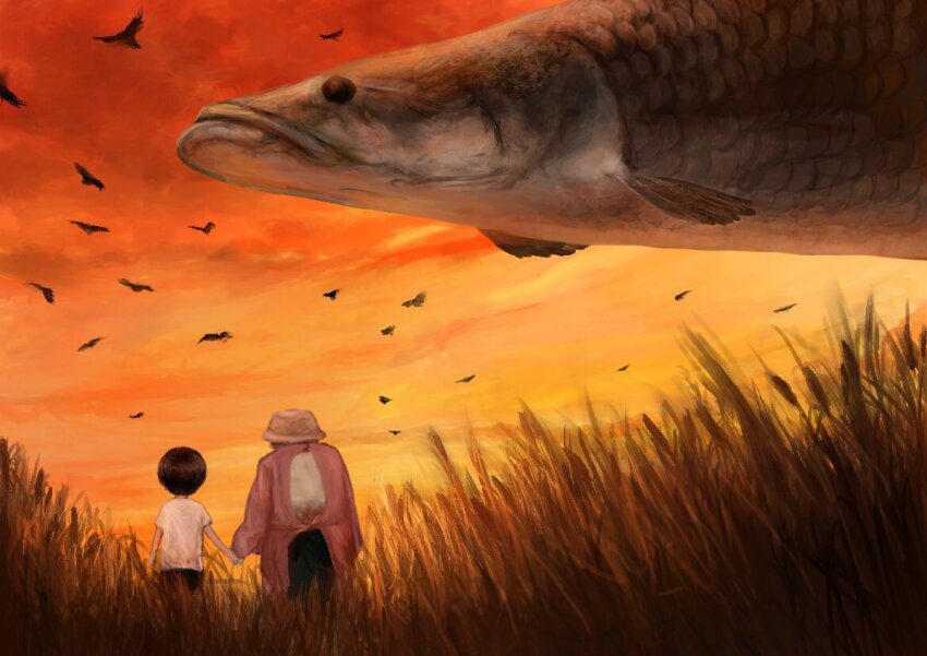 1boy 1girl animal bird black_hair child evening fins fish flying_fish from_behind grass hat holding_hands illustrator_kota old old_woman orange_sky original outdoors oversized_animal scales shirt short_hair sky sunset t-shirt tall_grass walking white_shirt