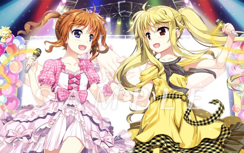 2girls balloon concert cosplay dress fate_testarossa fujima_takuya holding holding_hands holding_microphone idol idol_clothes lyrical_nanoha microphone mizuki_nana mizuki_nana_(cosplay) multiple_girls official_art pink_dress sample_watermark takamachi_nanoha tamura_yukari tamura_yukari_(cosplay) voice_actor_connection watermark yellow_dress