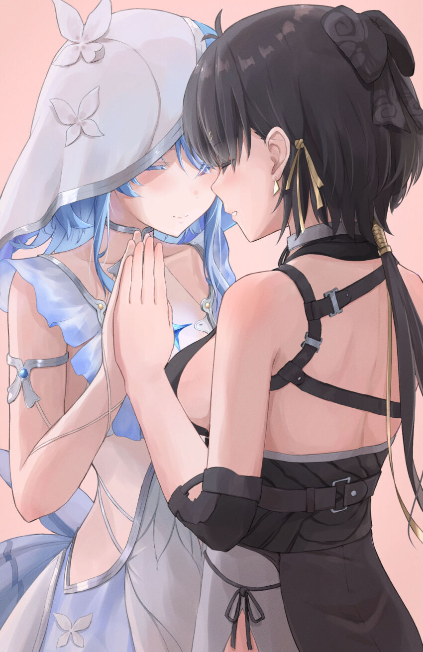 2girls absurdres armlet back black_bow black_hair blue_hair blue_veil bow breasts closed_eyes closed_mouth collarbone colored_eyelashes commentary_request cowboy_shot dress earrings elbow_pads facing_another female_rover_(wuthering_waves) hair_bow highres jewelry large_breasts long_hair low_ponytail multiple_girls orange_background palms_together rover_(wuthering_waves) shorekeeper_(wuthering_waves) simple_background sleeveless sleeveless_dress smile tomakecha triangle_earrings two-tone_veil veil white_veil wuthering_waves