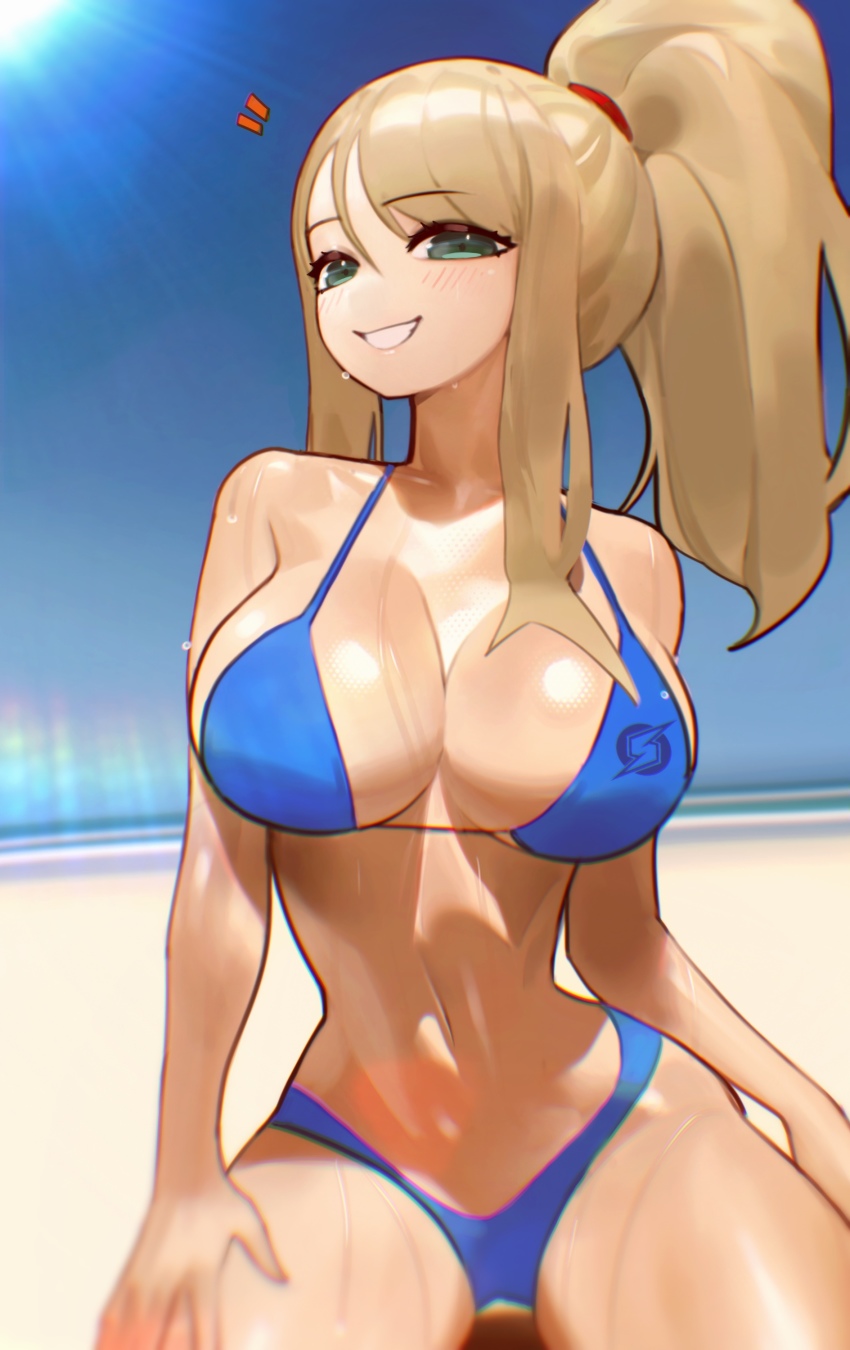 1girl absurdres adapted_costume bikini blonde_hair breasts cookiedusty highres large_breasts metroid nintendo samus_aran smile swimsuit