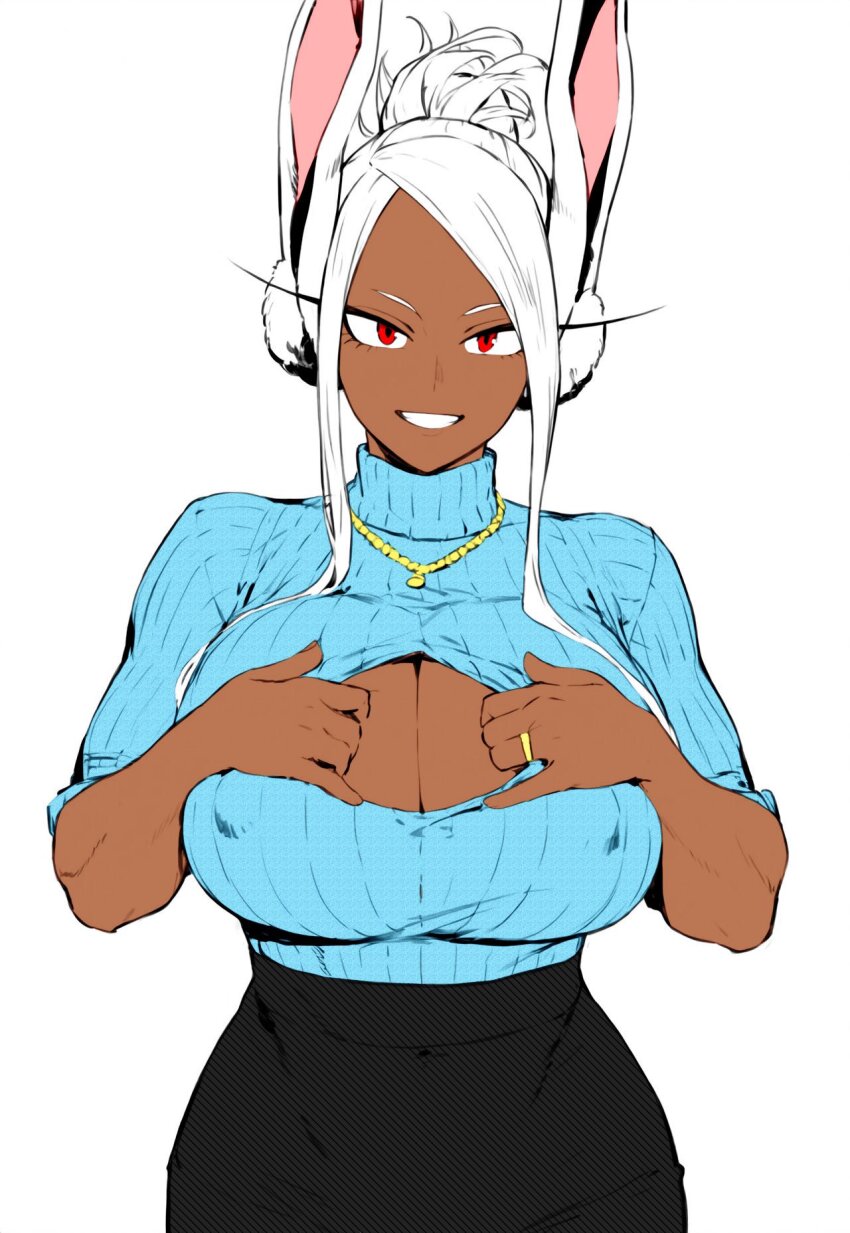 1girl alternate_costume animal_ears artist_collaboration black_skirt blue_sweater boku_no_hero_academia breasts cleavage cleavage_cutout clothes_pull clothing_cutout colorized commentary commission covered_erect_nipples dark-skinned_female dark_skin english_commentary full_body hair_bun hands_on_own_chest highres jewelry large_breasts long_eyelashes long_hair looking_at_viewer mirko mirkosimps necklace parallaxfused parted_bangs pencil_skirt pulling_own_clothes rabbit_ears rabbit_girl red_eyes ribbed_sweater ring simple_background single_hair_bun skirt smile solo sweater sweater_tucked_in turtleneck turtleneck_sweater wedding_ring white_background white_hair