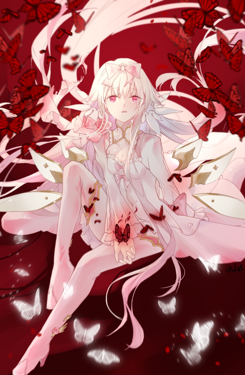 1girl absurdres arcaea bow breasts bug butterfly cleavage dress flipped_hair flower gloves highres hikari_(arcaea) hikari_(fatalis)_(arcaea) insect long_sleeves medium_breasts non-web_source pink_bow pink_eyes pink_flower pink_hair pink_rose red_butterfly rose sidelocks solo thighhighs white_dress white_gloves white_thighhighs wide_sleeves