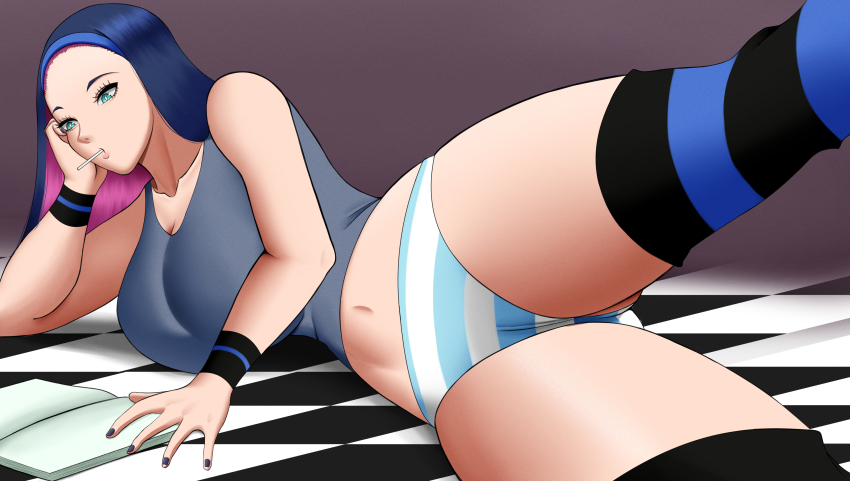 1girl breasts green_eyes large_breasts leg_lift leg_up leg_warmers legs multicolored_hair nail_polish panties panty_&amp;_stocking_with_garterbelt poketune reading spread_legs stocking_(psg) stomach striped_clothes striped_panties tank_top underwear variant_set