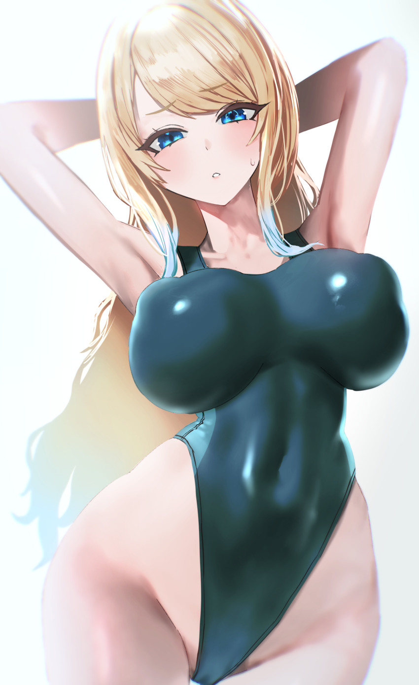 1girl absurdres blonde_hair blue_eyes blue_hair breasts commission commissioner_upload competition_swimsuit gradient_hair highres indie_virtual_youtuber kazane-wind large_breasts long_hair looking_at_viewer multicolored_hair non-web_source one-piece_swimsuit open_mouth solo swimsuit virtual_youtuber zeta_(vtuber)