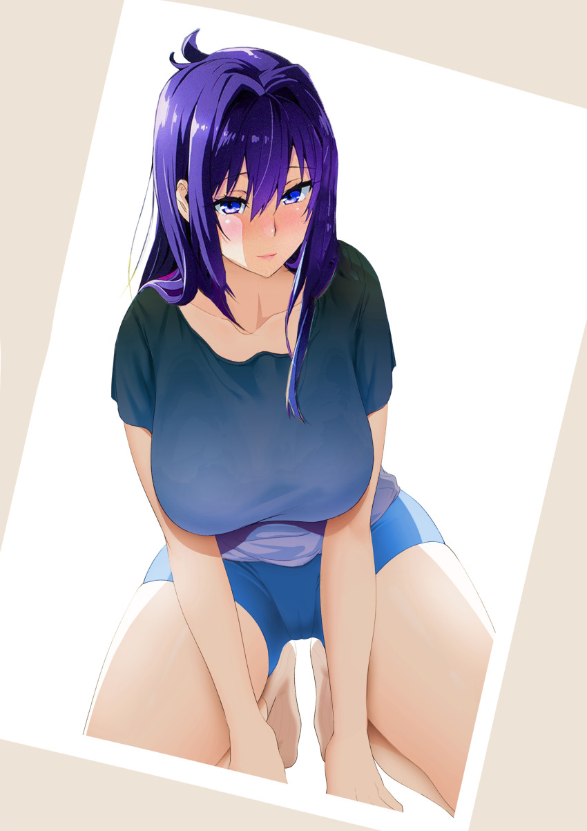 1girl blue_eyes breasts kneeling large_breasts long_hair maken-ki! nijou_aki purple_hair solo takeda_hiromitsu