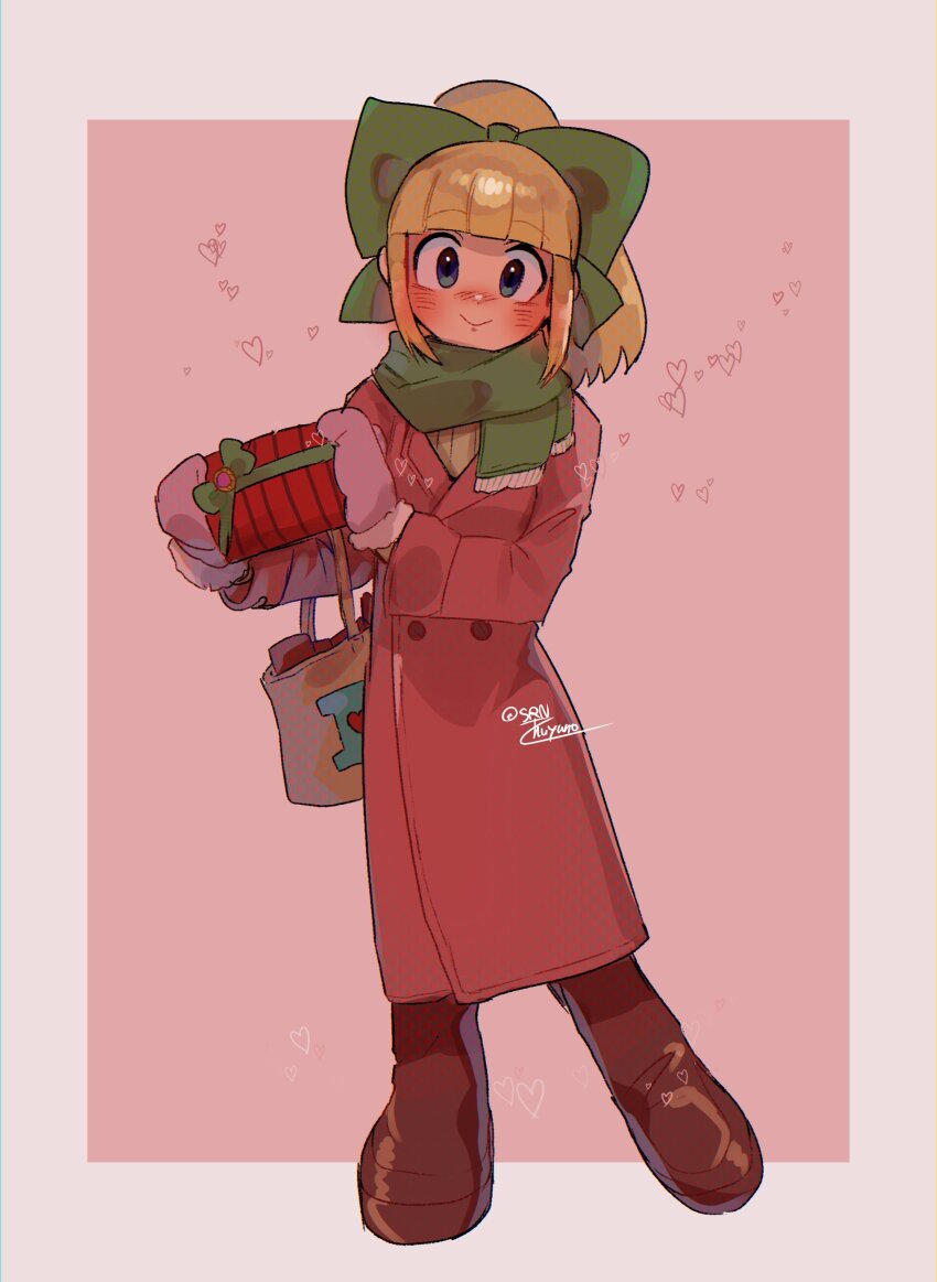 1girl absurdres blush boots border brown_boots coat full_body gift green_eyes heart high_ponytail highres holding holding_gift long_hair mega_man_(classic) mega_man_(series) pink_background pink_coat ponytail roll_(mega_man) simple_background solo srnhuyuno valentine white_border