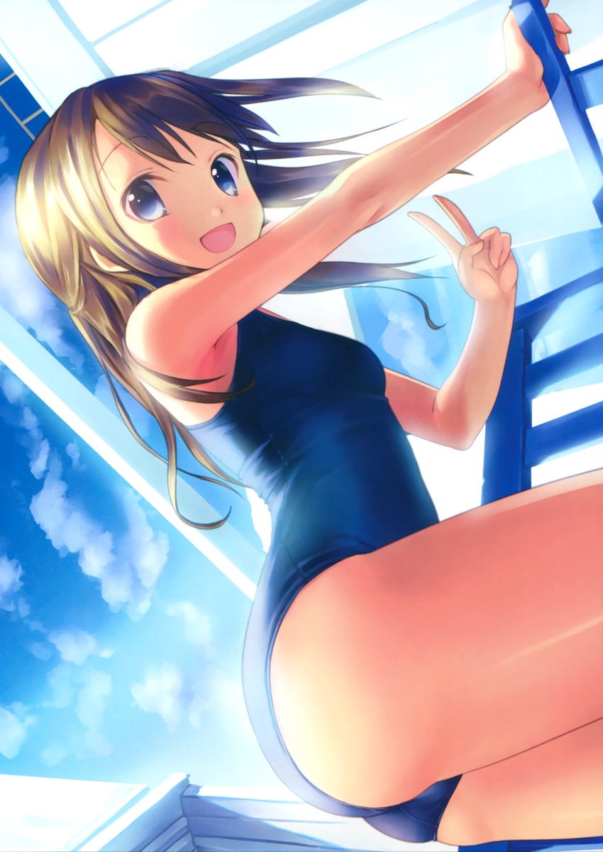 1girl :d absurdres ass brown_hair cloud day female_focus highres looking_at_viewer one-piece_swimsuit open_mouth original school_swimsuit sky smile solo swimsuit takoyaki_(roast) v