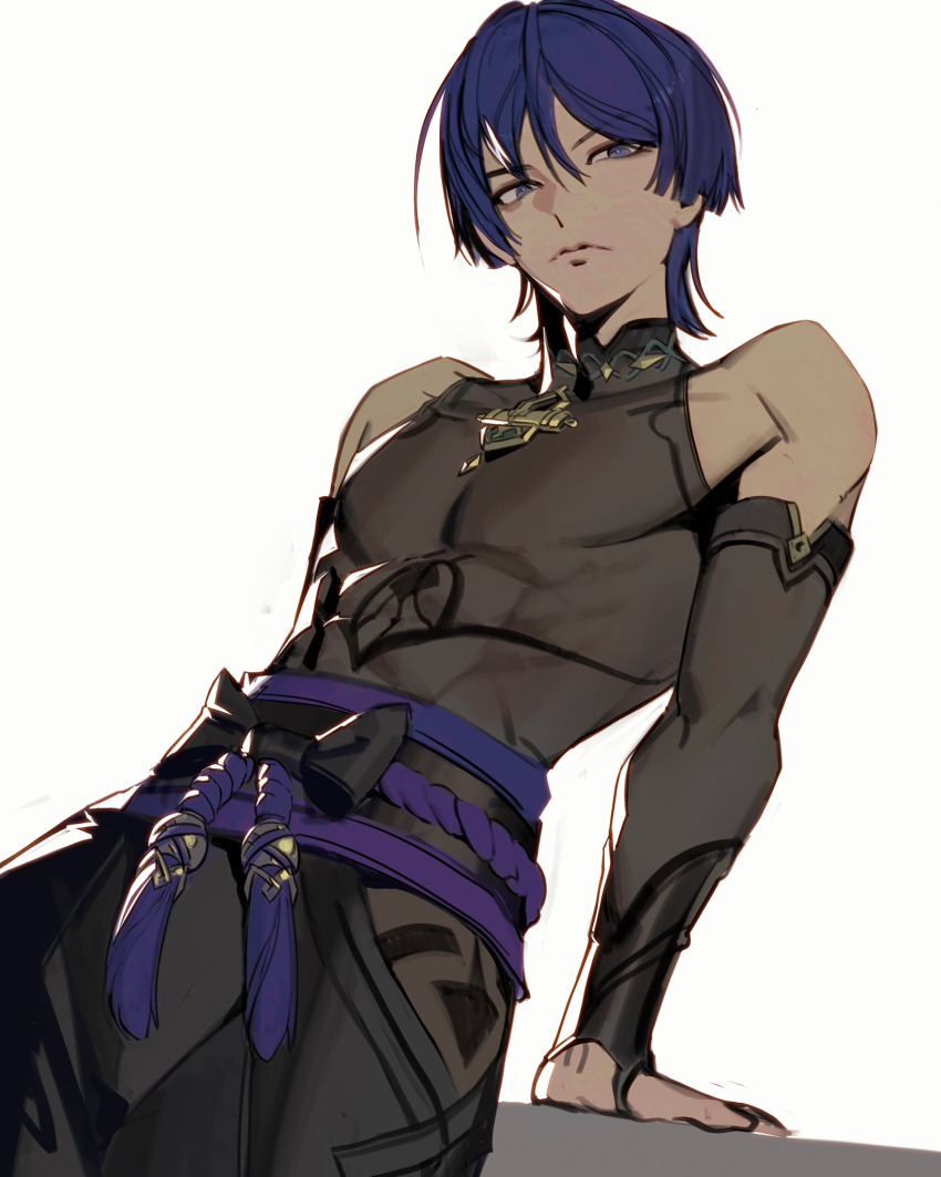 1boy abs bare_shoulders belt belt_ribbon black_gloves black_pants black_shirt blue_belt blue_eyes blue_hair blue_sash bridal_gauntlets chadetteisgiga closed_mouth clothing_cutout covered_pectorals cropped_legs dutch_angle elbow_gloves feet_out_of_frame genshin_impact gloves hair_between_eyes high_collar highres leaning leaning_back light_frown looking_at_viewer male_focus narrow_waist narrowed_eyes pants patterned pectorals ribbon sash scaramouche_(genshin_impact) see-through_clothes shirt simple_background skin_tight solo thigh_cutout wanderer_(genshin_impact) white_background