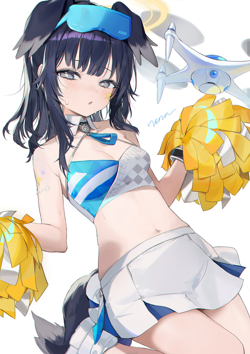 1girl :o animal_ears bare_shoulders blue_archive blue_skirt breasts cheerleader cleavage commentary crop_top detached_collar dog_ears dog_girl dog_tail grey_eyes hibiki_(blue_archive) hibiki_(cheer_squad)_(blue_archive) highres medium_breasts midriff millennium_cheerleader_outfit_(blue_archive) multicolored_clothes multicolored_skirt navel pom_pom_(cheerleading) skirt solo standing standing_on_one_leg tail u_tnmn white_skirt