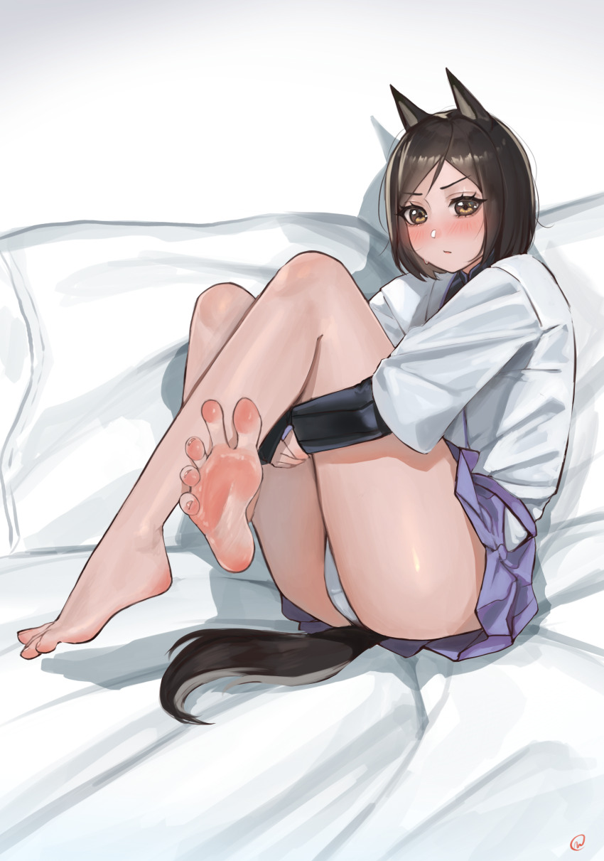 1girl absurdres animal_ears barefoot black_hair blush brown_eyes feet highres kuroda_kunika looking_at_viewer medium_hair nikishiko panties pantyshot soles strike_witches tail toes underwear world_witches_series