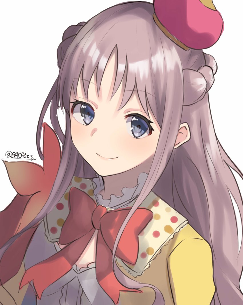 1girl atelier_(series) atelier_meruru bao_(s_888) blue_eyes bow brown_hair closed_mouth crown dress highres long_hair looking_at_viewer merurulince_rede_arls red_bow red_crown simple_background smile solo twitter_username white_background